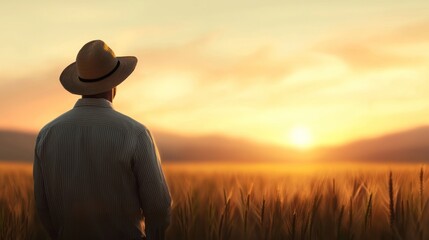 Farmer observing sunset in a serene landscape.