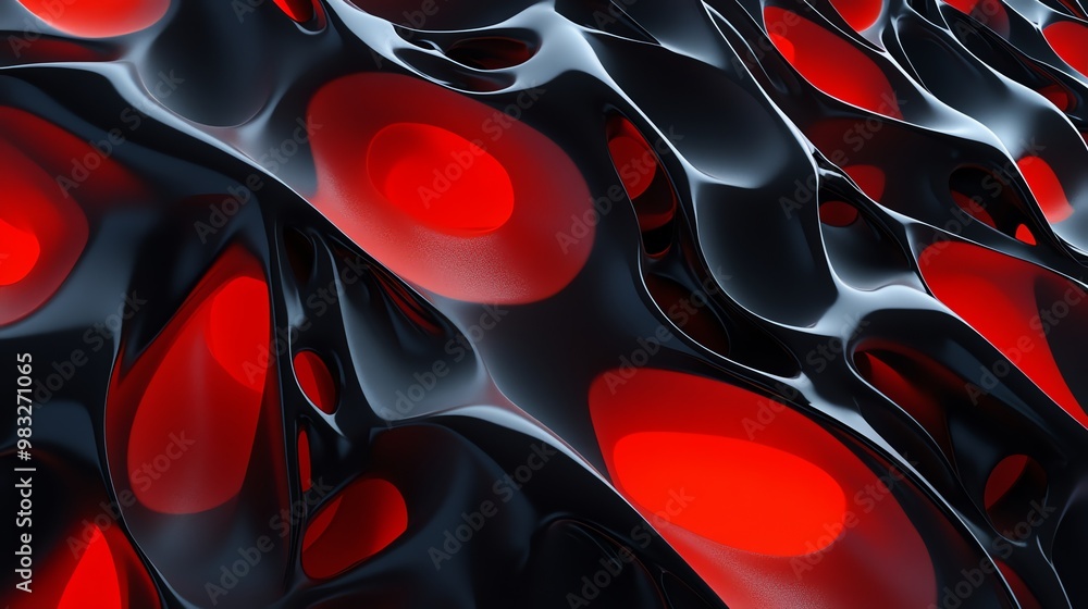 Poster abstract 3d render of a black, flowing surface with red glowing circles embedded within.