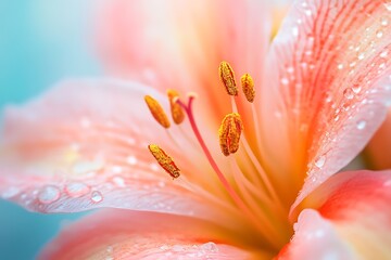 Close up of a pink flower with water droplets, pastel background, delicate macro photography