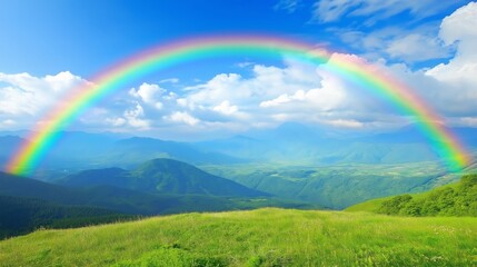 Fototapeta premium A stunning double rainbow arches over a lush green valley surrounded by mountains under a bright blue sky with fluffy clouds