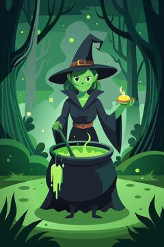 Una joven bruja con piel verde est&aacute; preparando una poci&oacute;n m&aacute;gica en un caldero en medio de un bosque encantado. Sostiene una vela m&aacute;gica mientras los &aacute;rboles oscuros la rodean. 