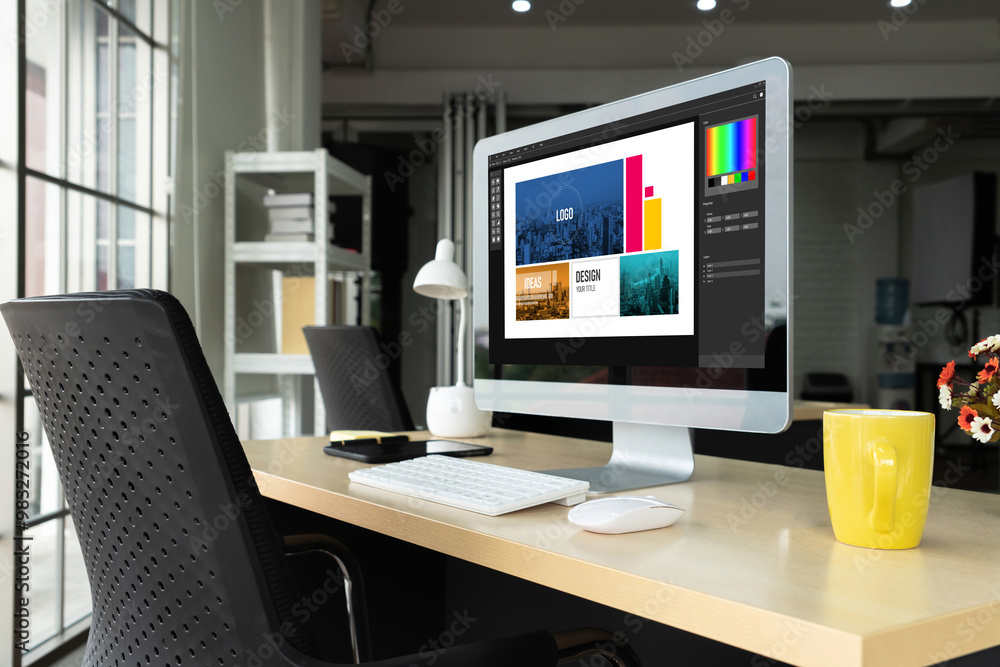 Fototapete graphic designer software for modern design of web page and commercial ads showing on the computer s