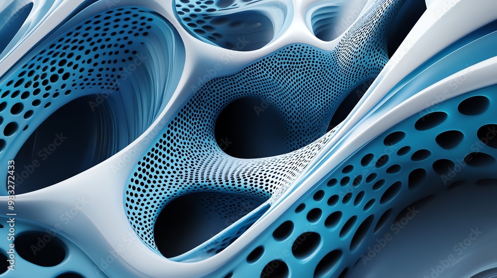 Poster abstract 3d background with blue and white organic shapes and a grid pattern.