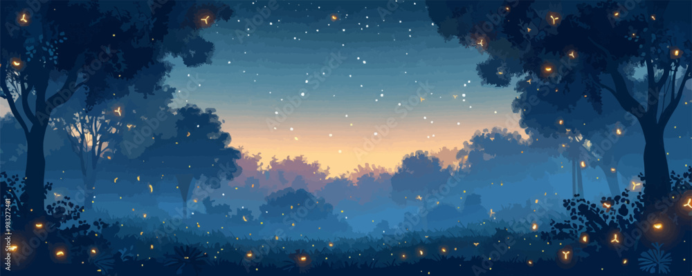 Poster a magical twilight scene with fireflies illuminating a mystical forest glade under a canopy of twink