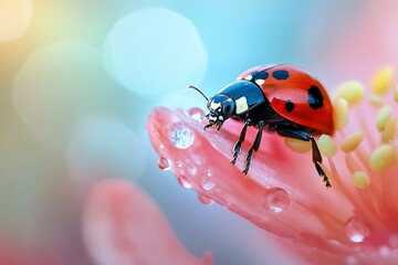 Fototapeta premium Closeup of a ladybug on a pink flower petal with dew drops. Macro photography, spring nature, insect