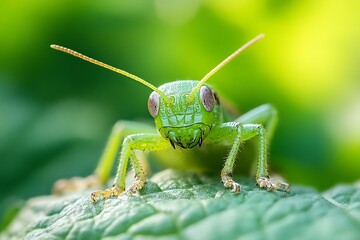 Close up of a green grasshopper with big red eyes