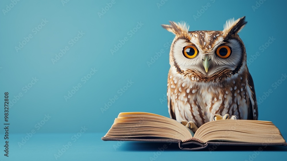 Wall mural close-up of an owl with an open book against a blue background, symbolizing wisdom and learning.