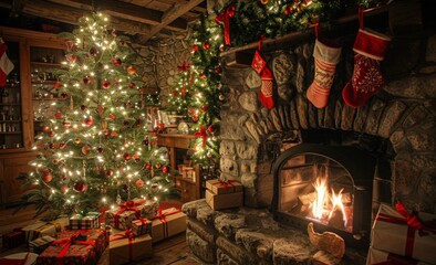 interior christmas. magic glowing tree, fireplace, gifts in dark