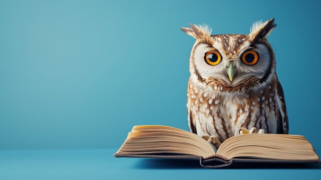 Close-up of an owl with an open book against a blue background, symbolizing wisdom and learning.
