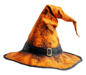 Halloween-themed orange witch hat with black spider webs isolated on transparent background.