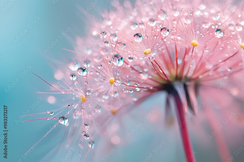 Wall mural Close up of pink dandelion with raindrops. Spring, delicate, soft, and beautiful.