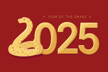 Chinese New Year. Snake symbol of the year 2025. Golden snake on red background.  Lunar new year. Design of background, card, calendar, sticker