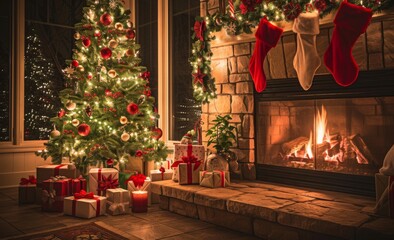 interior christmas. magic glowing tree, fireplace, gifts in dark