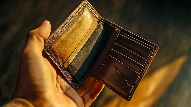 A young adult's hand holds an open brown leather wallet with multiple card slots and empty compartments, suggesting the search for a card or cash. The scene takes place indoors with warm lighting,