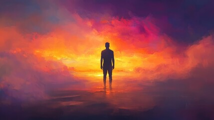 Silhouetted Figure Against Colorful Sunset Background