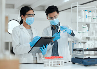 People, scientist and folder with blood sample in test tube for medical analysis, investigation and...