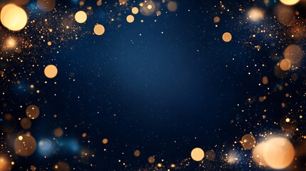 Dark blue magical night frame with twinkling bokeh and light art. Square wedding card. Gold confetti and navy background. Scattered golden celestial dust. Fairytale magic star template.