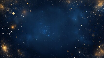 Dark blue magical night frame with twinkling bokeh and light art. Square wedding card. Gold confetti and navy background. Scattered golden celestial dust. Fairytale magic star template.