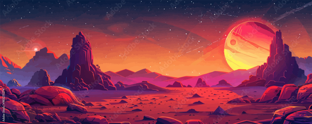 Canvas Prints desert planet landscape with magnificent red rocks and a starry sky. vector flat minimalistic isolat