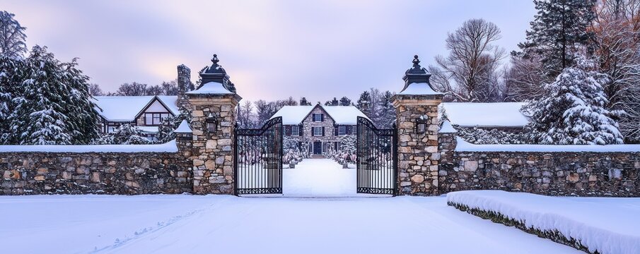 A stone gatehouse at the entrance to a snowy estate, its gates open to welcome visitors to a series of winter events designed to celebrate the season in grand old-world style