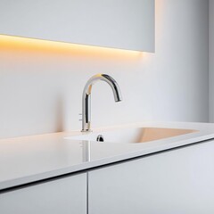 Floating vanity with built-in chrome faucet, soft lighting, minimalist bathroom fixtures, modern sleek look