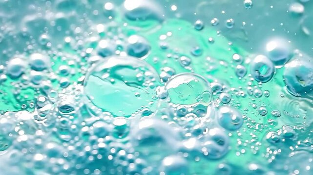 Soap foam with bubbles burst on blue background. Detergent foam bubble on water, soap sud. Face cleansing mousse smudge, shower gel, hair shampoo foam smear texture. Beauty, clean and laundry