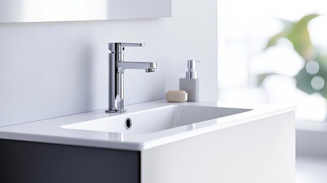 Floating vanity with built-in chrome faucet and seamless design, minimalist bathroom fixtures, sleek contemporary - Powered by Adobe