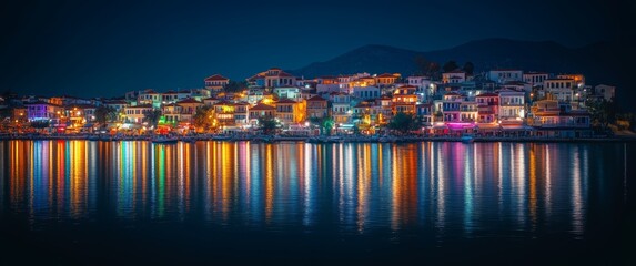 Fototapeta premium Brightly lit houses along the waterfront create vivid reflections in the tranquil bay water during a serene night
