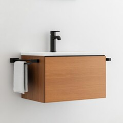 Floating vanity with integrated towel rack and matte black faucet, minimalist bathroom fixtures, modern sleek design