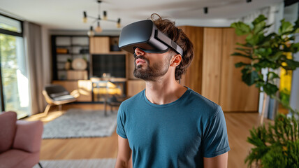Man using virtual reality headset in modern living room