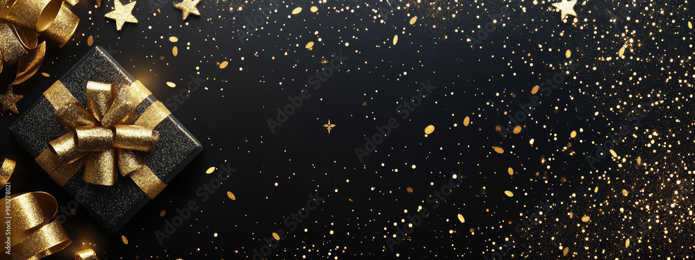 Wall mural The black gift box with a golden ribbon is placed among scattered gold confetti and star shapes on a dark surface, creating a festive atmosphere