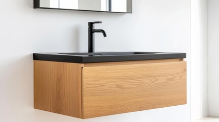 Floating wood vanity with built-in matte black faucet, minimalist bathroom fixtures, sleek natural design