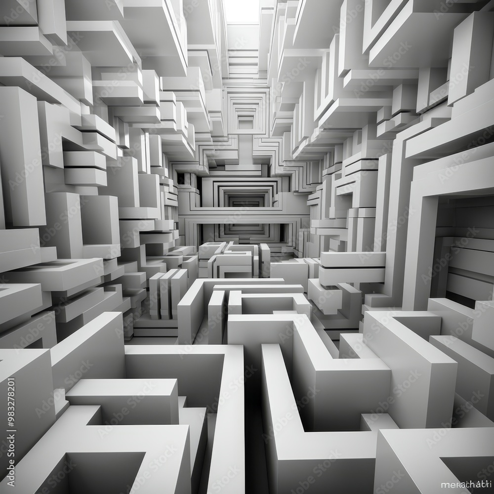 Poster a complex arrangement of white geometric shapes forms a labyrinthine structure. the light illuminate