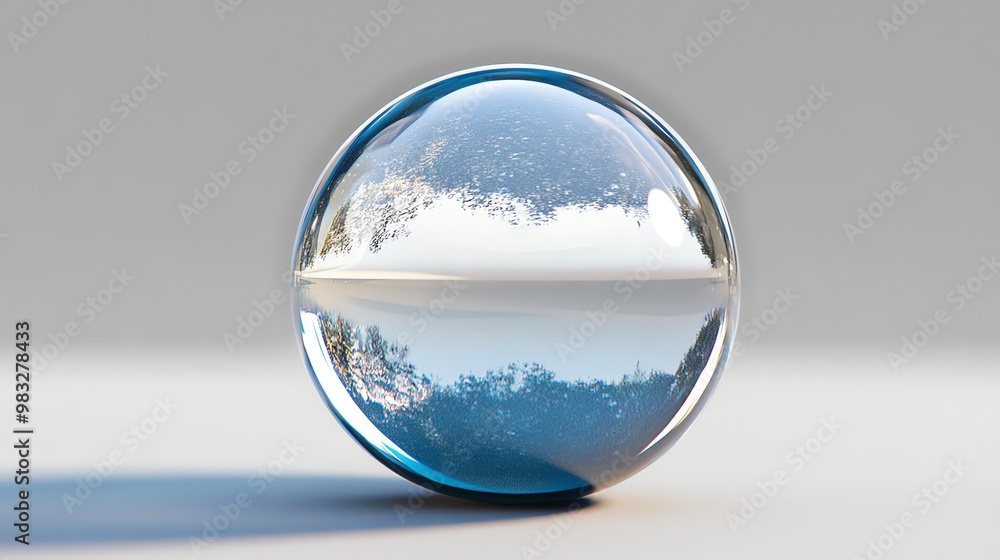 Poster a glass sphere reflecting a cloudy sky and trees, creating a miniature world within the orb.