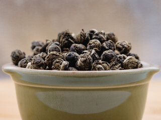 Side view of green tea jasmine tea balls 