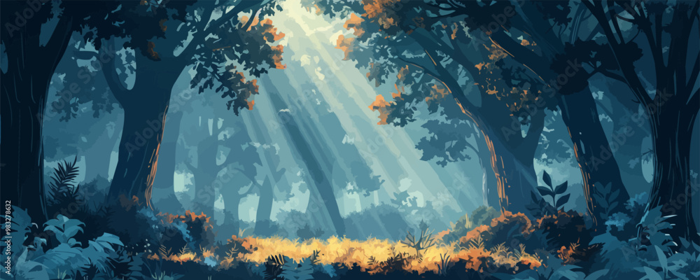 Poster a tranquil forest glade with sunlight filtering through the trees, illuminating the lush foliage bel