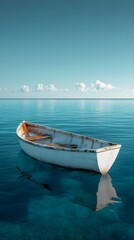 Naklejka premium Tranquil Boat Floating Near the Coast of a Clear Blue Sea photo