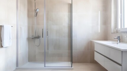 Frameless glass shower with brushed nickel fixtures and soft lighting, minimalist bathroom fixtures, modern simple elegance