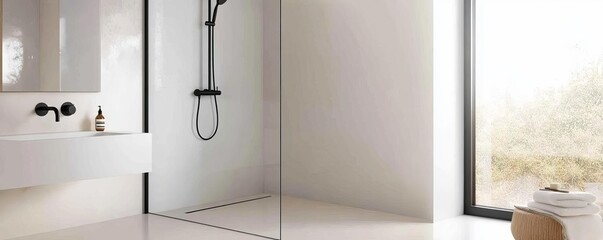 Frameless glass shower with minimalist matte black hardware, minimalist bathroom fixtures, sleek and modern design