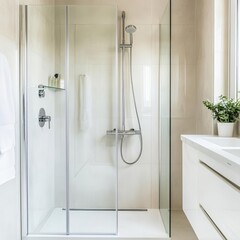 Frameless glass shower with minimalist chrome fixtures, minimalist bathroom fixtures, clean and elegant
