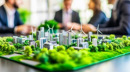 Sustainable Urban Development Presentation - Detailed scale model of a green city with wind turbines on a business meeting table, focusing on eco-friendly urban planning and renewable energy.