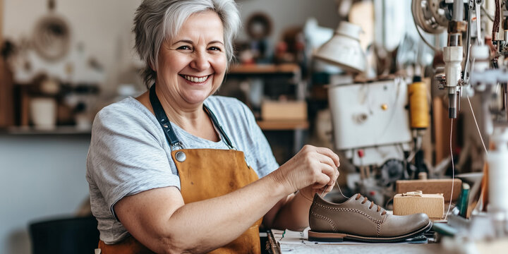 Schuhfertigerin bei der Handarbeit in einer traditionellen Werkstatt