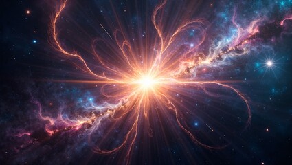 Starry pulsar emits bright beams in colorful galaxy