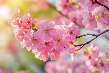 Obraz premium Close up of delicate pink cherry blossom flowers in full bloom, with blurred background and sunlight.