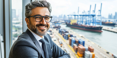 Schifffahrtskaufmann im Büro einer Reederei mit Blick auf den Hafen