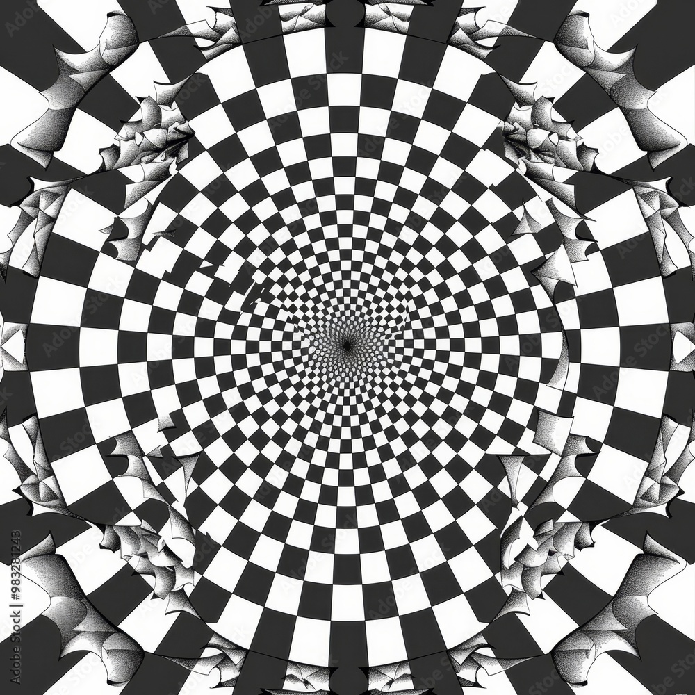 Poster a captivating spiral design features alternating black and white checkerboard patterns, creating an 
