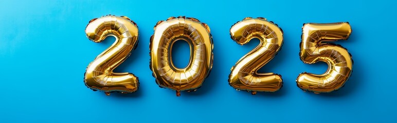 The bright blue backdrop highlights shiny gold balloons shaped like the numbers 2025, ideal for festive celebrations or themed parties