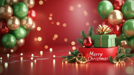 Naklejka premium A glossy red podium with green and gold balloons, a wrapped gift box with mistletoe decorations, and twinkling lights for a joyful 