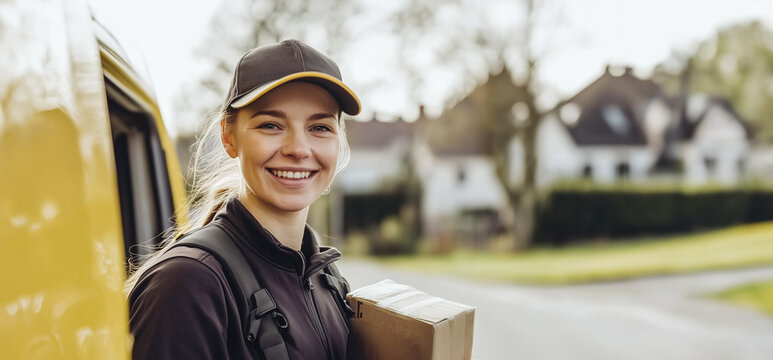 Paketbotin bei der Paketzustellung in einer Vorstadt