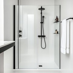 Frameless shower with minimalist black fixtures and glass doors, minimalist bathroom fixtures, sleek and functional - obrazy, fototapety, plakaty